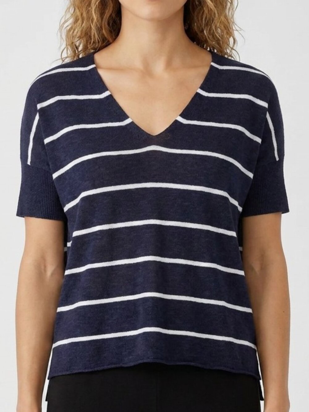 Eileen Fisher Striped V-Neck Dolman Sleeve Knit Sweater Navy White Size S/P